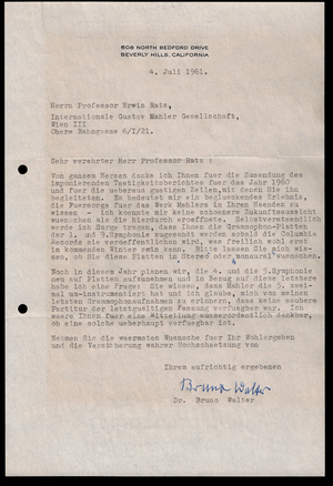 Brief von Bruno Walter an Erwin Ratz, 4.7.1961
